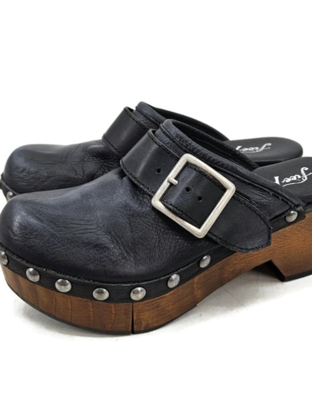 New Free People Platform Leather Clogs Womens 37 US 6 Blue Grey
